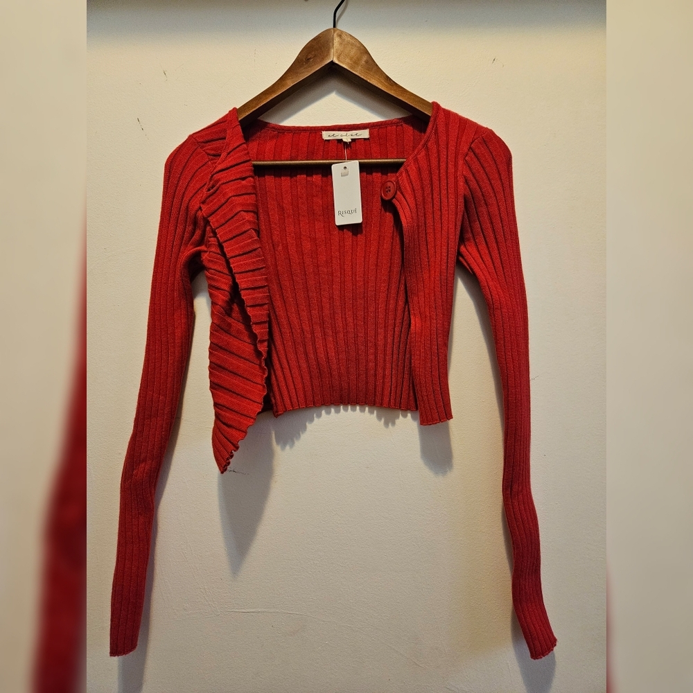 Cropped Red Ribbed Cardigan